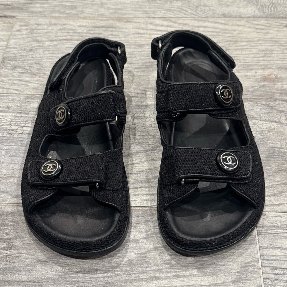 Chanel black mesh dad sandals
